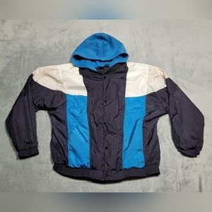 Vintage First Run Color Block Mens Windbreaker Jacket w/ Hoodie Blue Black